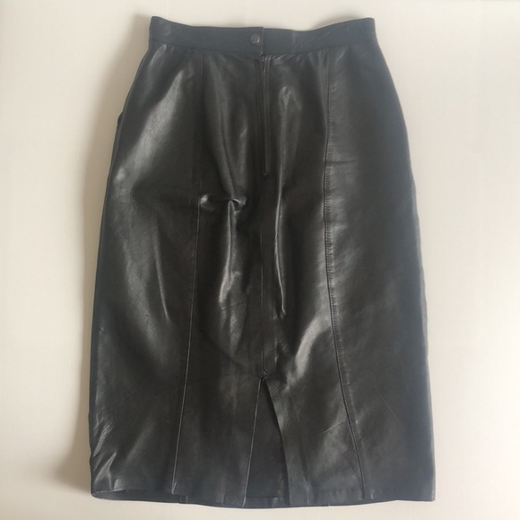 Vintage Leather Pencil Skirt size 12 Black Pockets Split Button & Zip - Picture 4 of 7